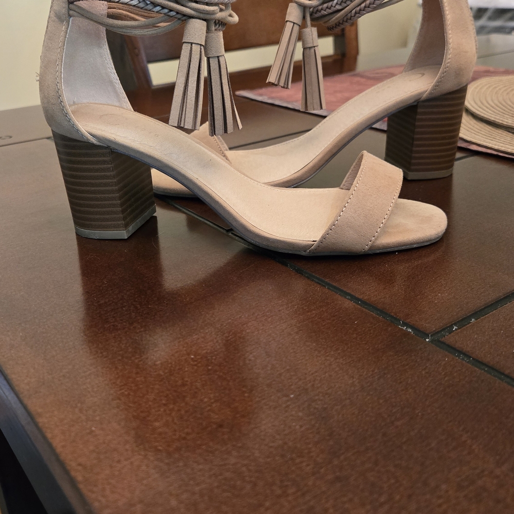 Cato Tan Block Heel Sandals with Tassels